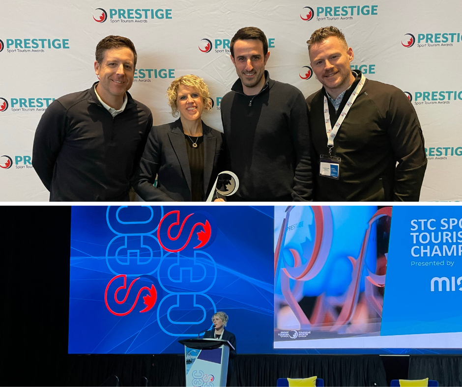 Image shows suzanne with our partners at discover halifax and events nova scotia, as well as suzanne accepting the award in Calgary